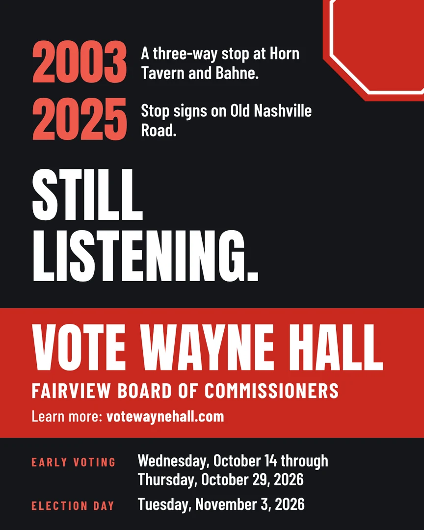 Gráfico de campaña. 2003: un alto de tres vías en Horn Tavern y Bahne. 2025: señales de alto en Old Nashville Road. Sigo escuchando. Vote por Wayne Hall, Junta de Comisionados de Fairview. Más información: votewaynehall.com.