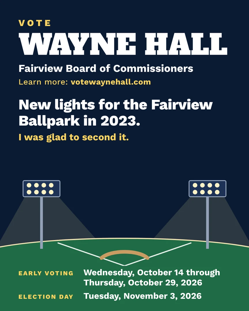 Gráfico de campaña. Nuevas luces para el campo de béisbol Fairview Ballpark en 2023. Con gusto secundé la moción. Vote por Wayne Hall, Junta de Comisionados de Fairview. Más información: votewaynehall.com.