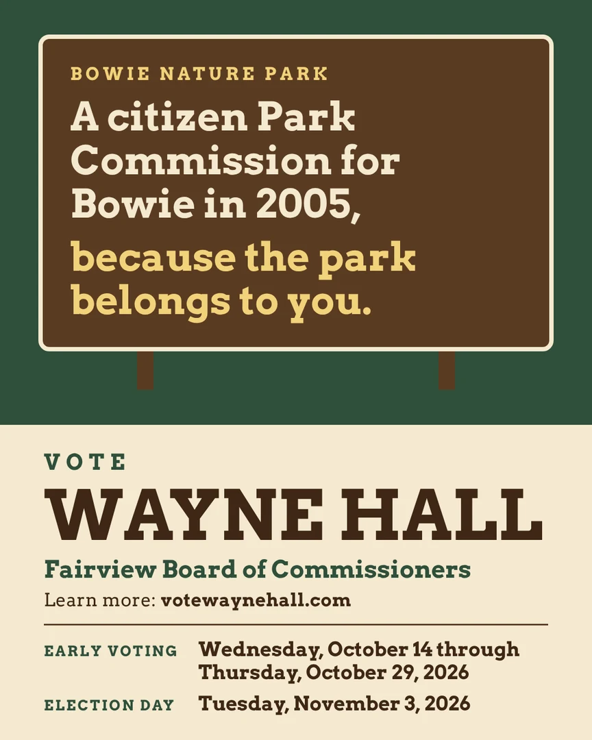 Gráfico de campaña. Una Comisión del Parque ciudadana para Bowie en 2005, porque el parque le pertenece a usted. Vote por Wayne Hall, Junta de Comisionados de Fairview. Más información: votewaynehall.com.