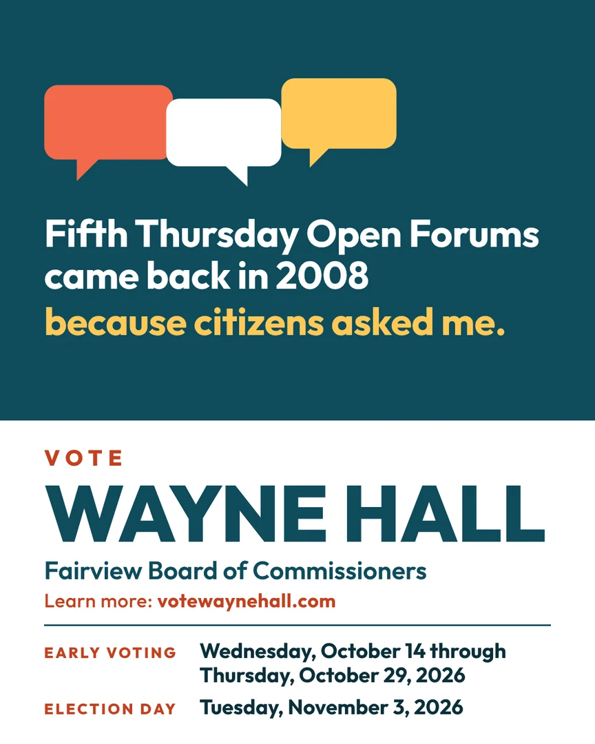 Gráfico de campaña. Los foros abiertos del quinto jueves regresaron en 2008 porque los ciudadanos me lo pidieron. Vote por Wayne Hall, Junta de Comisionados de Fairview. Más información: votewaynehall.com.