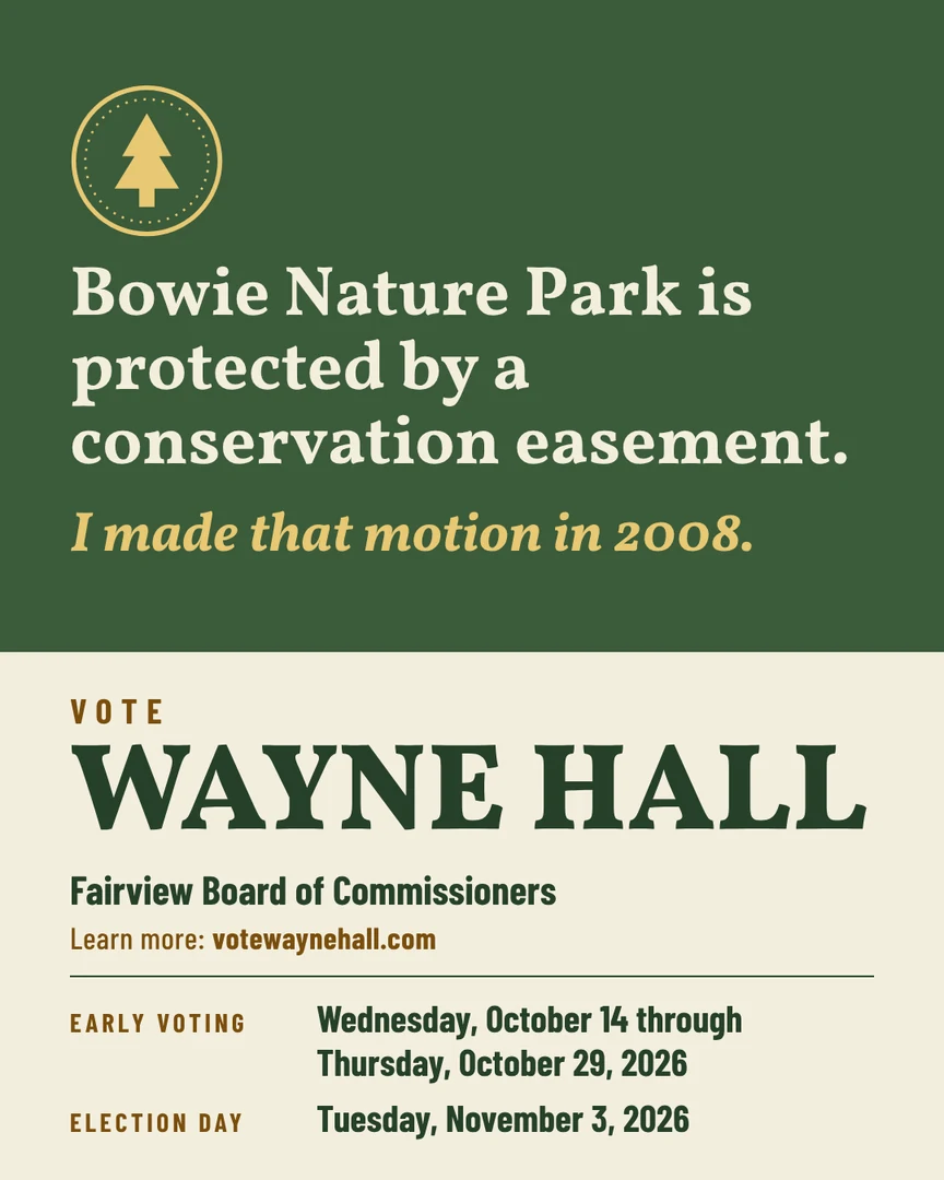 Gráfico de campaña. Bowie Nature Park está protegido por una servidumbre de conservación. Yo presenté esa moción en 2008. Vote por Wayne Hall, Junta de Comisionados de Fairview. Más información: votewaynehall.com.