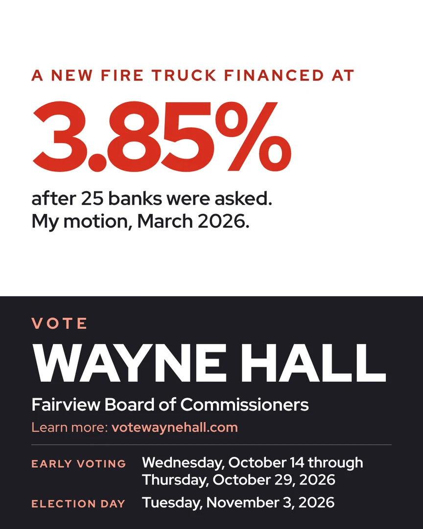 Gráfico de campaña. Un nuevo camión de bomberos financiado al 3.85 por ciento después de consultar a 25 bancos. Mi moción, marzo de 2026. Vote por Wayne Hall, Junta de Comisionados de Fairview. Más información: votewaynehall.com.