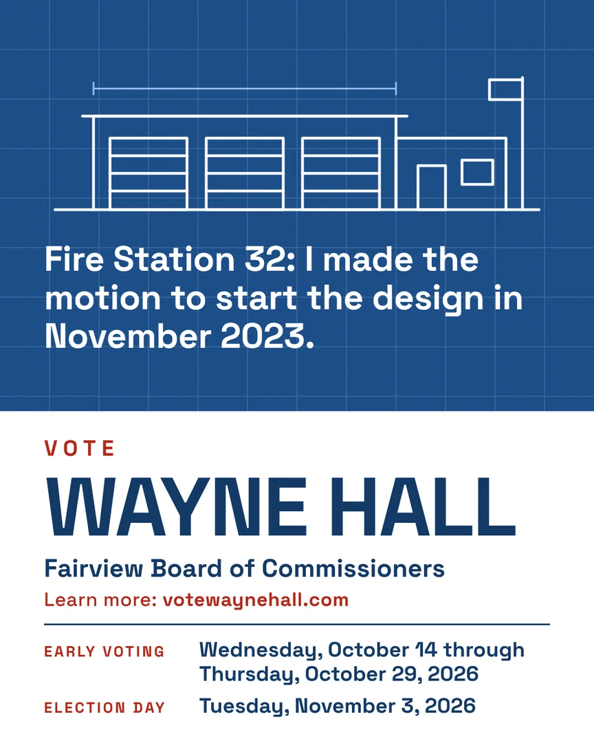 Gráfico de campaña. Estación de Bomberos 32: presenté la moción para iniciar el diseño en noviembre de 2023. Vote por Wayne Hall, Junta de Comisionados de Fairview. Más información: votewaynehall.com.