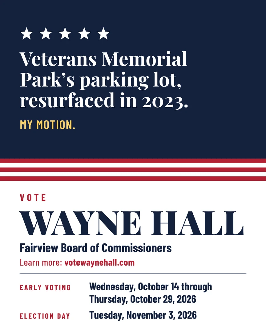 Gráfico de campaña. El estacionamiento de Veterans Memorial Park, repavimentado en 2023. Mi moción. Vote por Wayne Hall, Junta de Comisionados de Fairview. Más información: votewaynehall.com.