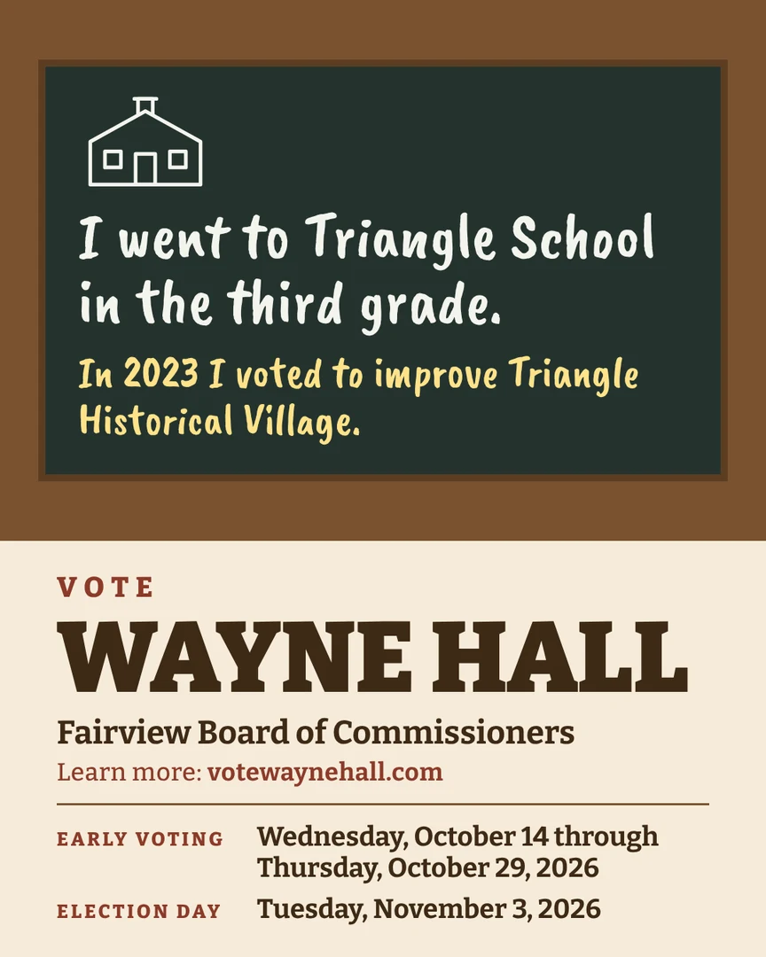 Gráfico de campaña. Fui a Triangle School en tercer grado. En 2023 voté para mejorar Triangle Historical Village. Vote por Wayne Hall, Junta de Comisionados de Fairview. Más información: votewaynehall.com.